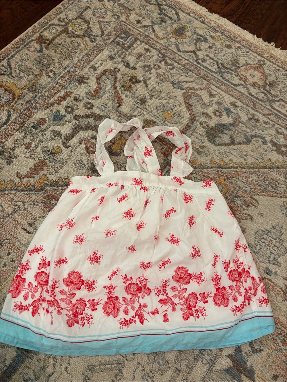 Janie and Jack White Tank Top with Red Floral Print and Blue Hem